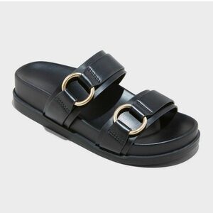 Women's Marcy Two Band Gold Buckle Slide Sandals Shoes Black Platform Chic 7 M